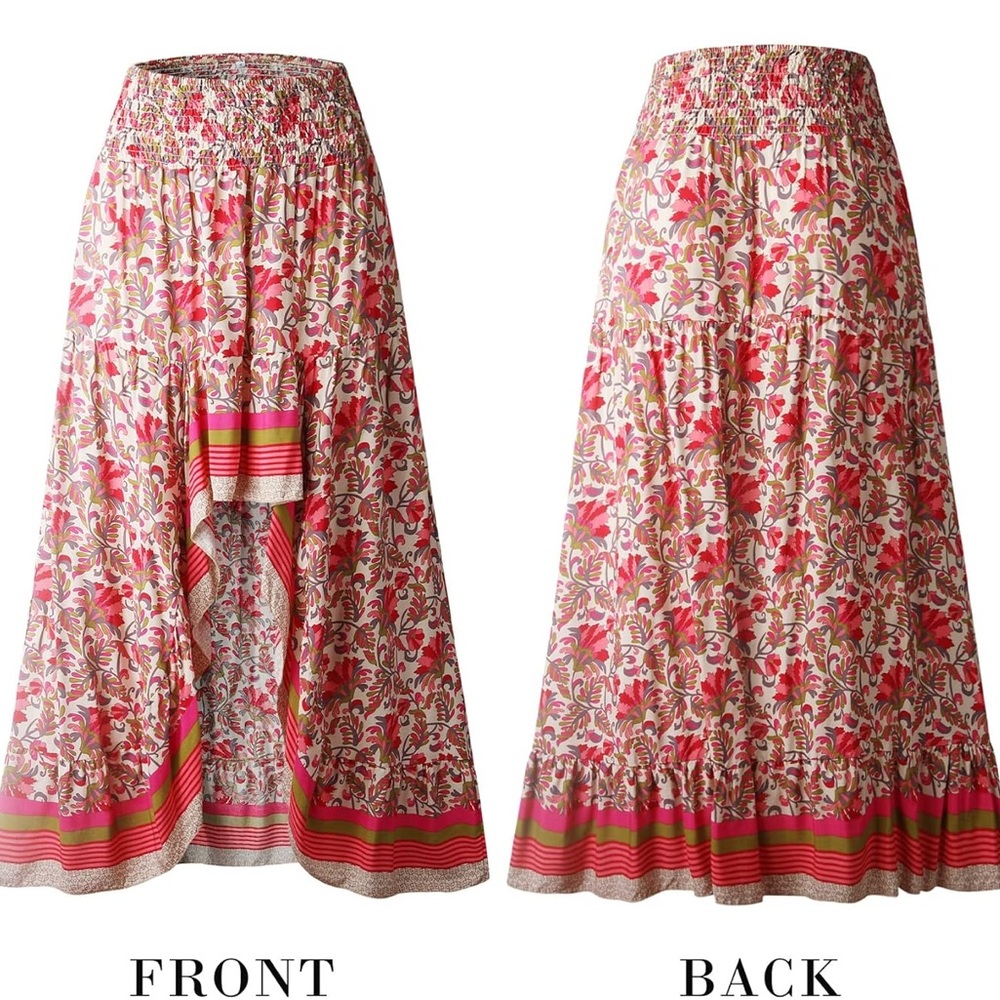 Elings Smocked Waist High Low Maxi Skirt Boho Floral Pink Medium